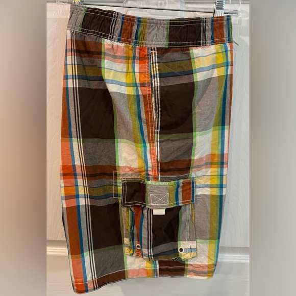 Old Navy Mens XL Swim Board Shorts Mesh Lined Orange Plaid Cargo Pocket Swimsuit - Picture 4 of 10
